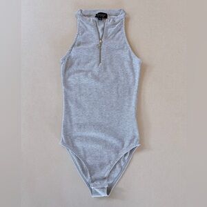 Topshop Gray Zip-Up Ribbed Bodysuit